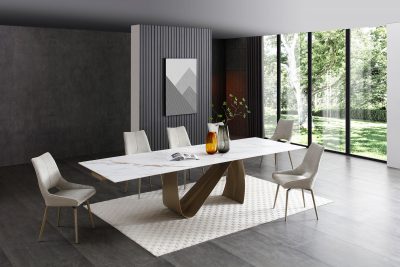 9087 Champagne-Bronze Table with 1239 swivel Beige Champagne chairs